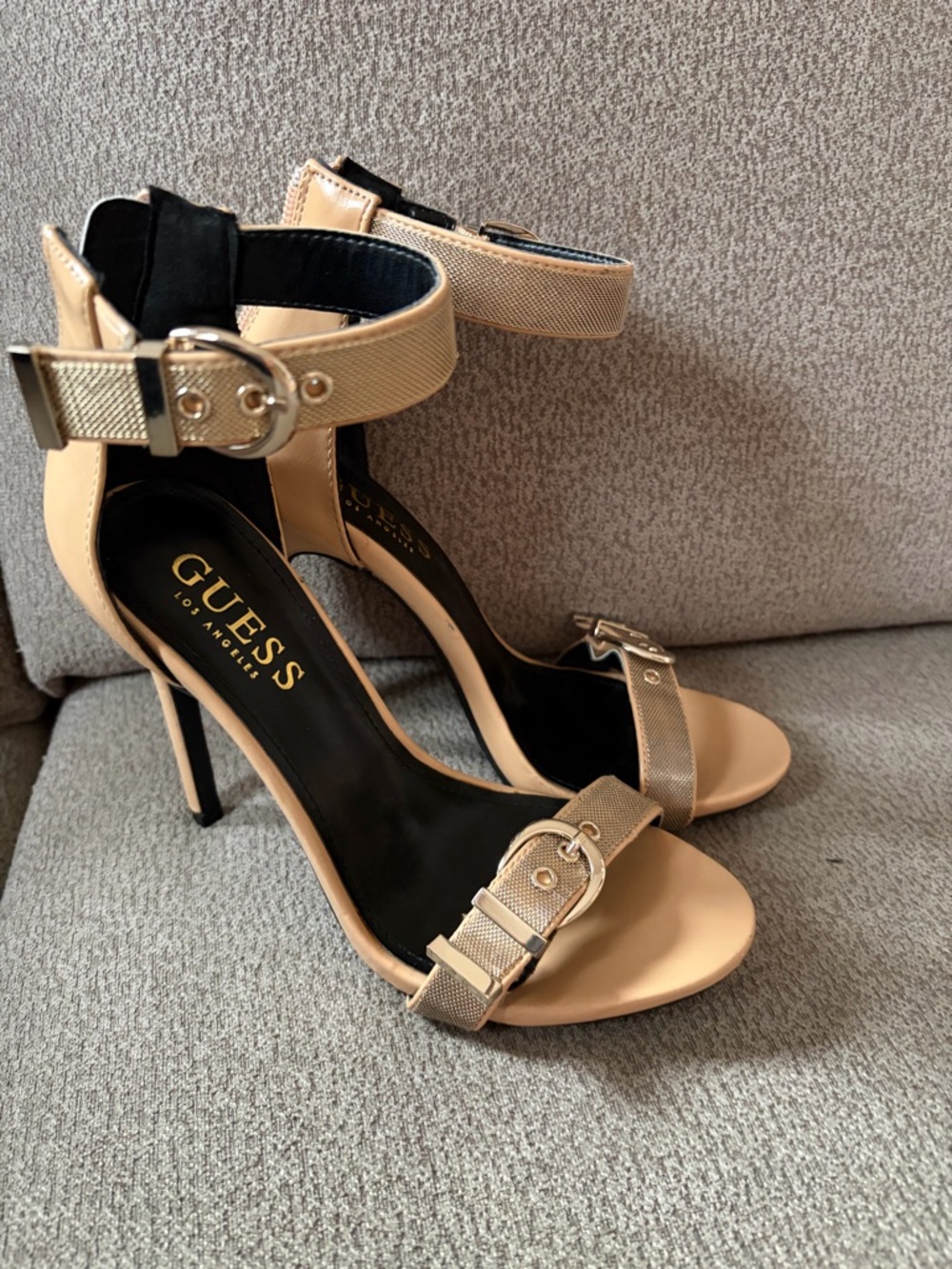 GUESS Nude Beige Buckle Ankle-Strap Stiletto Heels